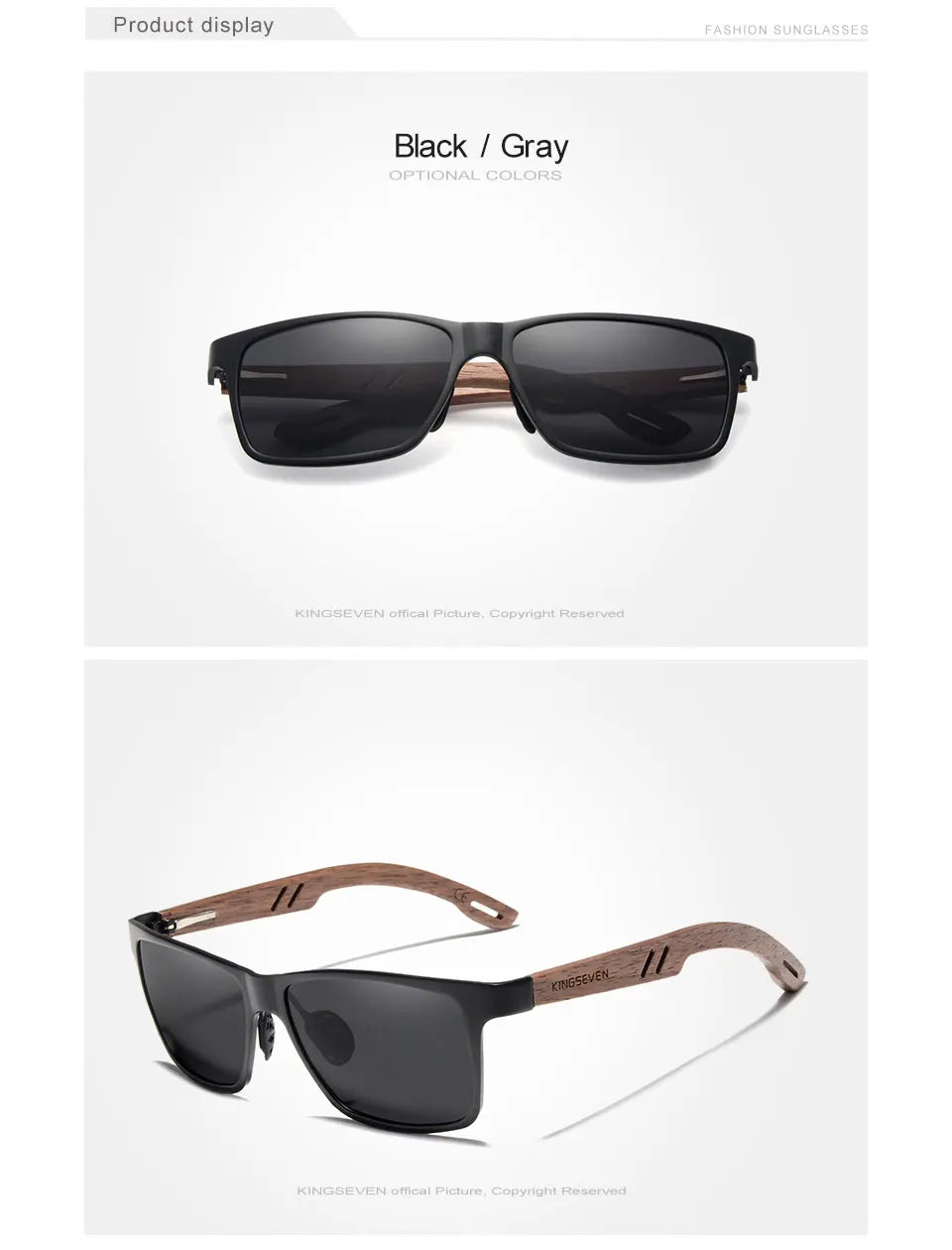 Men's black rectangular sunglasses with dark lenses and wooden temples on white background