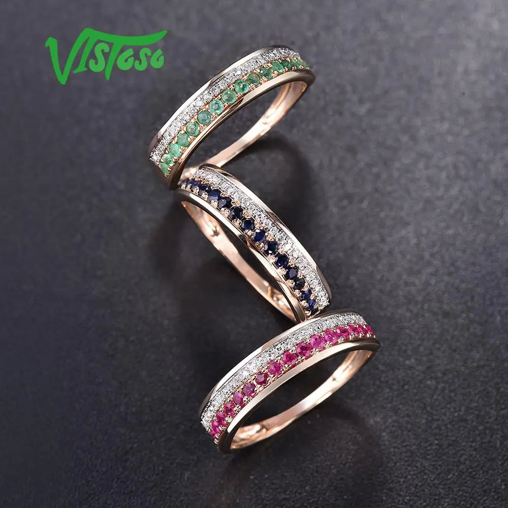 VISTOSO 14K Rose Gold Rings For Lady Genuine Shiny Diamond Fancy Ruby Sapphire Emerald Engagement Anniversary Chic Fine Jewelry