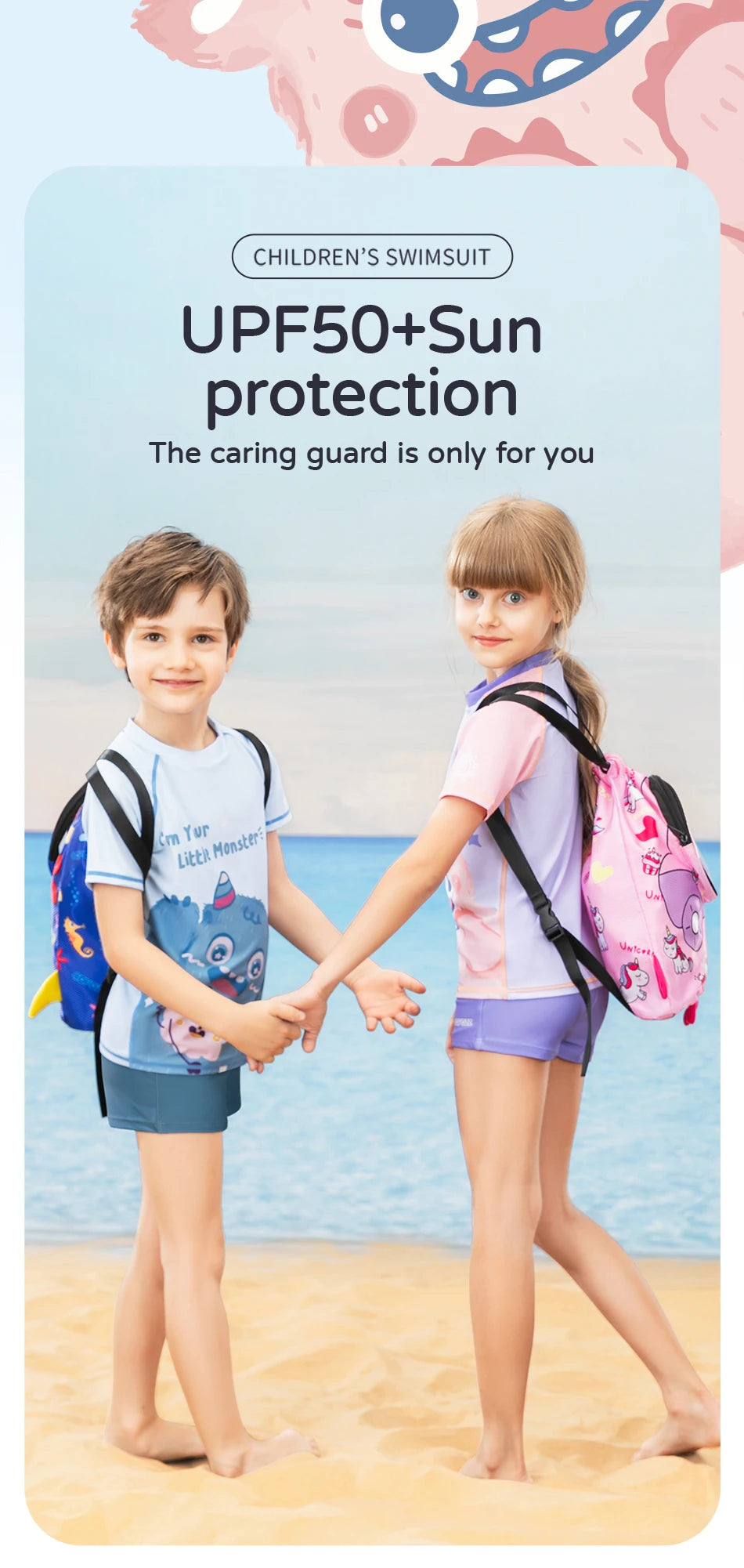 COPOZZ Children's Split Swimwear Short Sleeve Cartoon Sports Swimsuit Surfing Suits Beach Wear  For Boys Girls UV Protection 50+