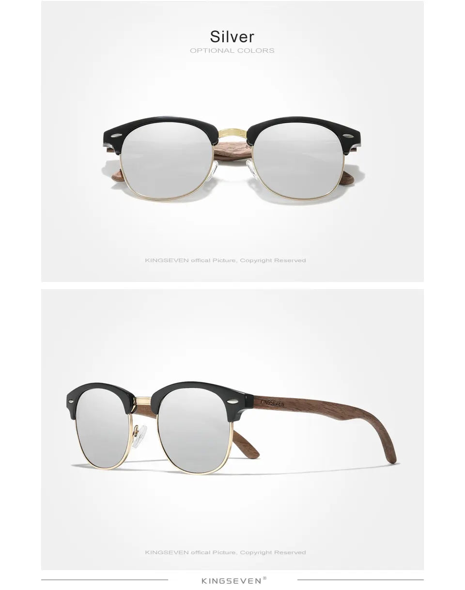 Silver mirrored sunglasses with gold rims, black top frame, and wooden arms, trendy accessories