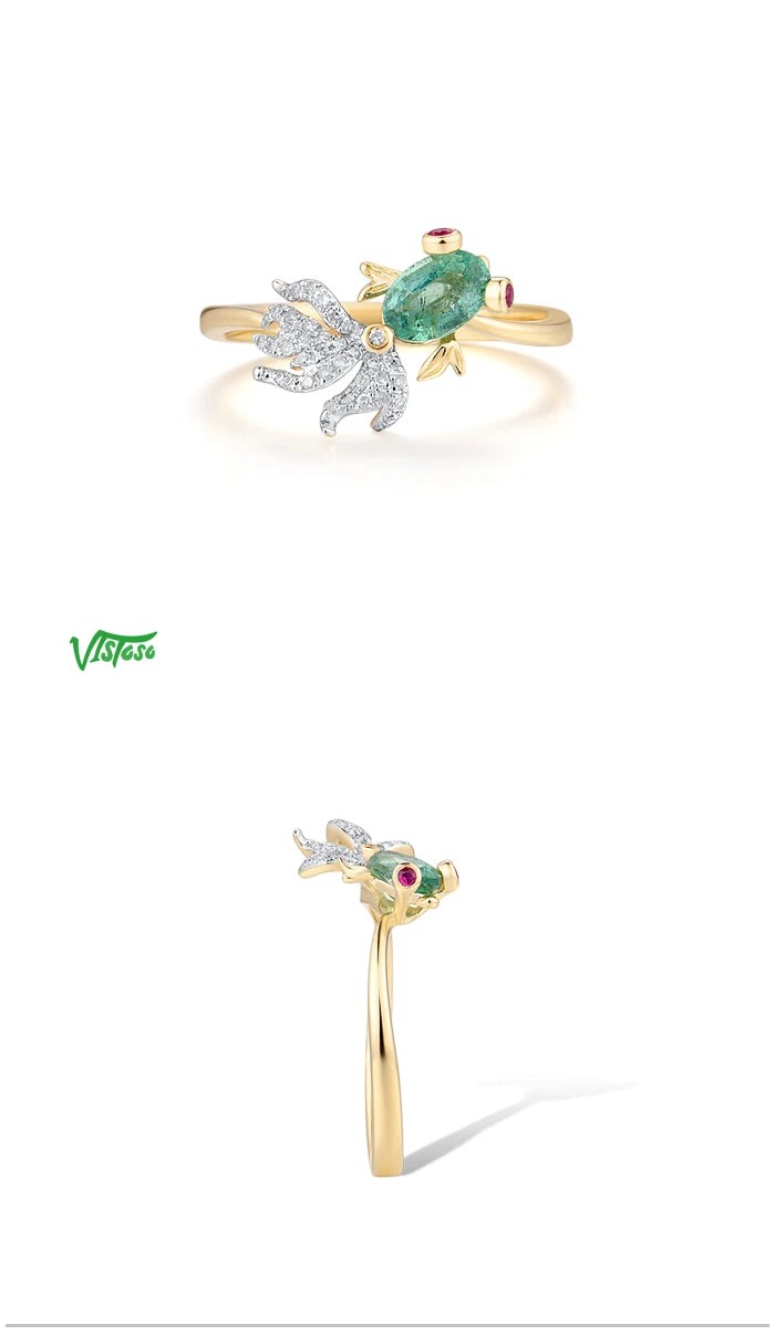VISTOSO Gold Ring For Woman Genuine 14K 585 Yellow Gold Sparkling Natrual Emerald Ruby Diamond Lovely Fish Trendy Fine Jewelry