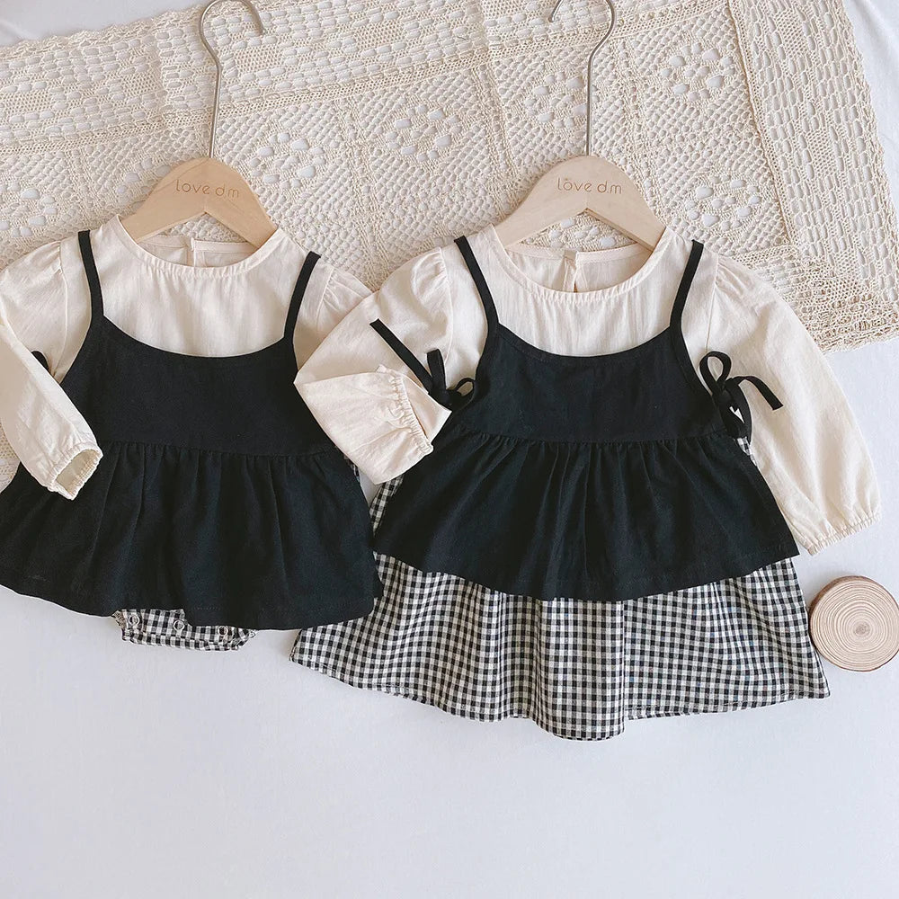 2pcs Baby Girls Clothing 0-4 Years Sister Outfit Set - Gingham Romper/Dress with Blouse Matching Clothes for Siblings