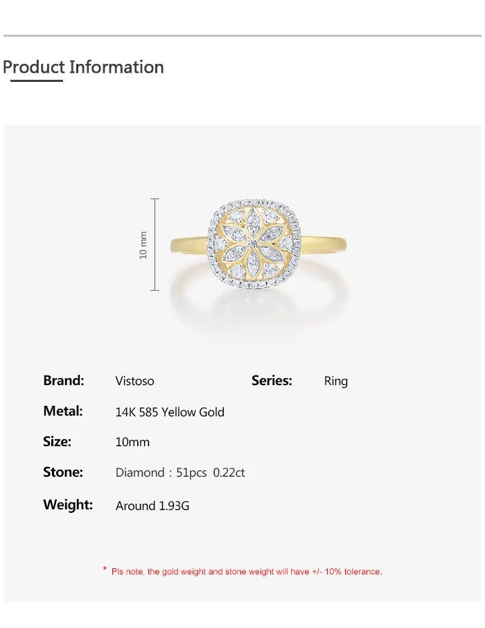 VISTOSO Genuine 14K 585 Yellow Gold Ring For Women Sparkling Diamond Flower Ring Delicate Wedding Engagement Trendy Fine Jewelry