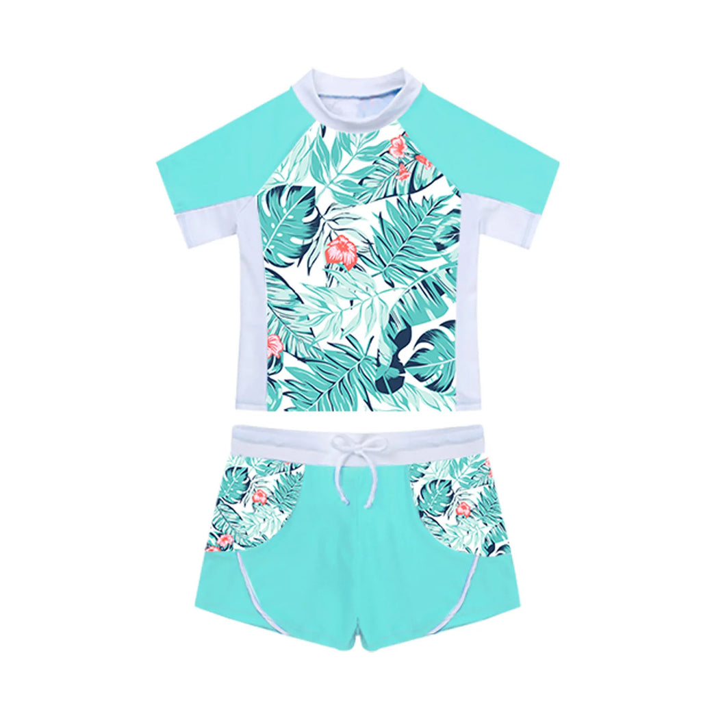 Kids Girls 2 Piece Rash Guard Set Swimwear Floral Print Short Sleeve Swim Shirt with Booty Shorts Tankini Swimsuit Bathing Suit