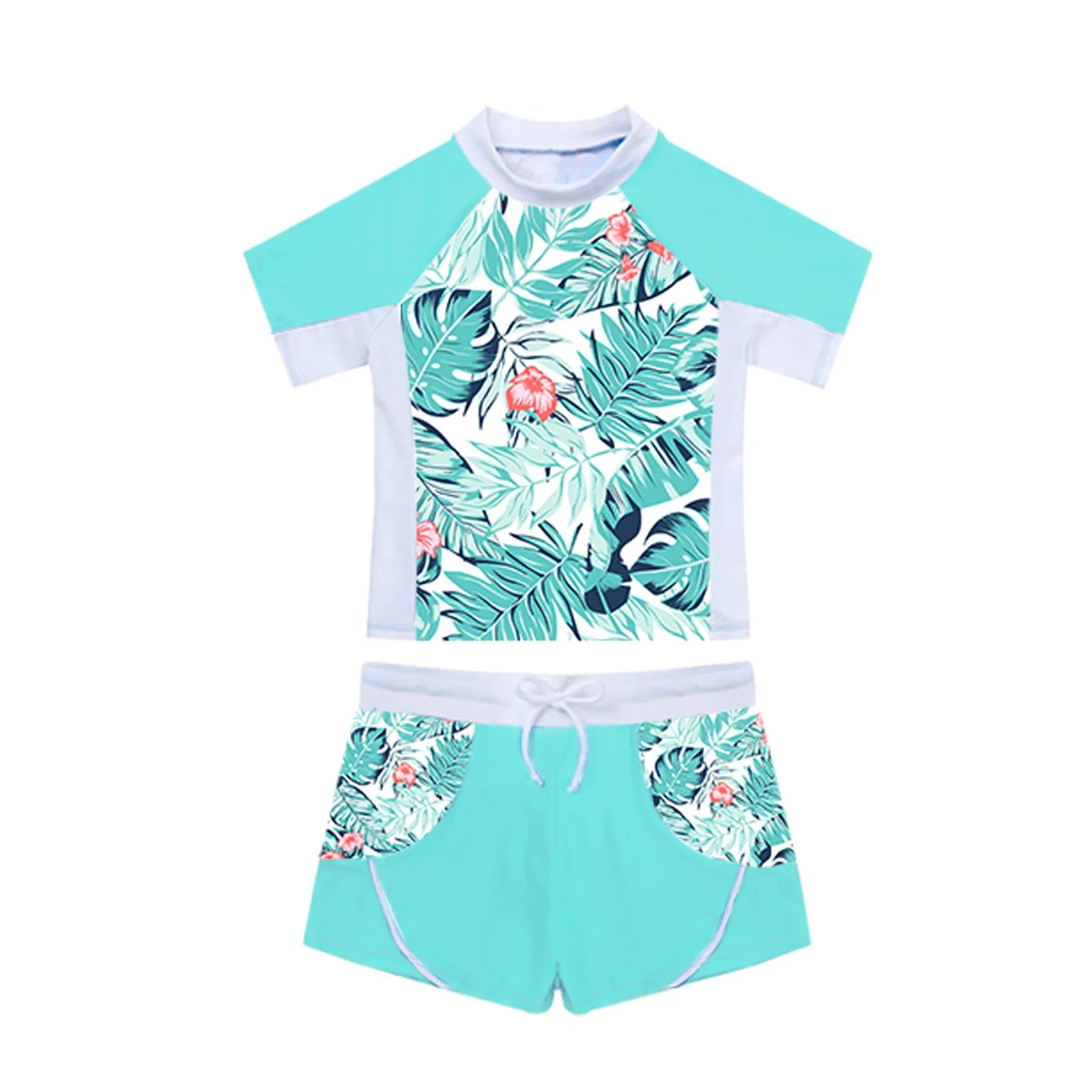 Kids Girls 2 Piece Rash Guard Set Swimwear Floral Print Short Sleeve Swim Shirt with Booty Shorts Tankini Swimsuit Bathing Suit