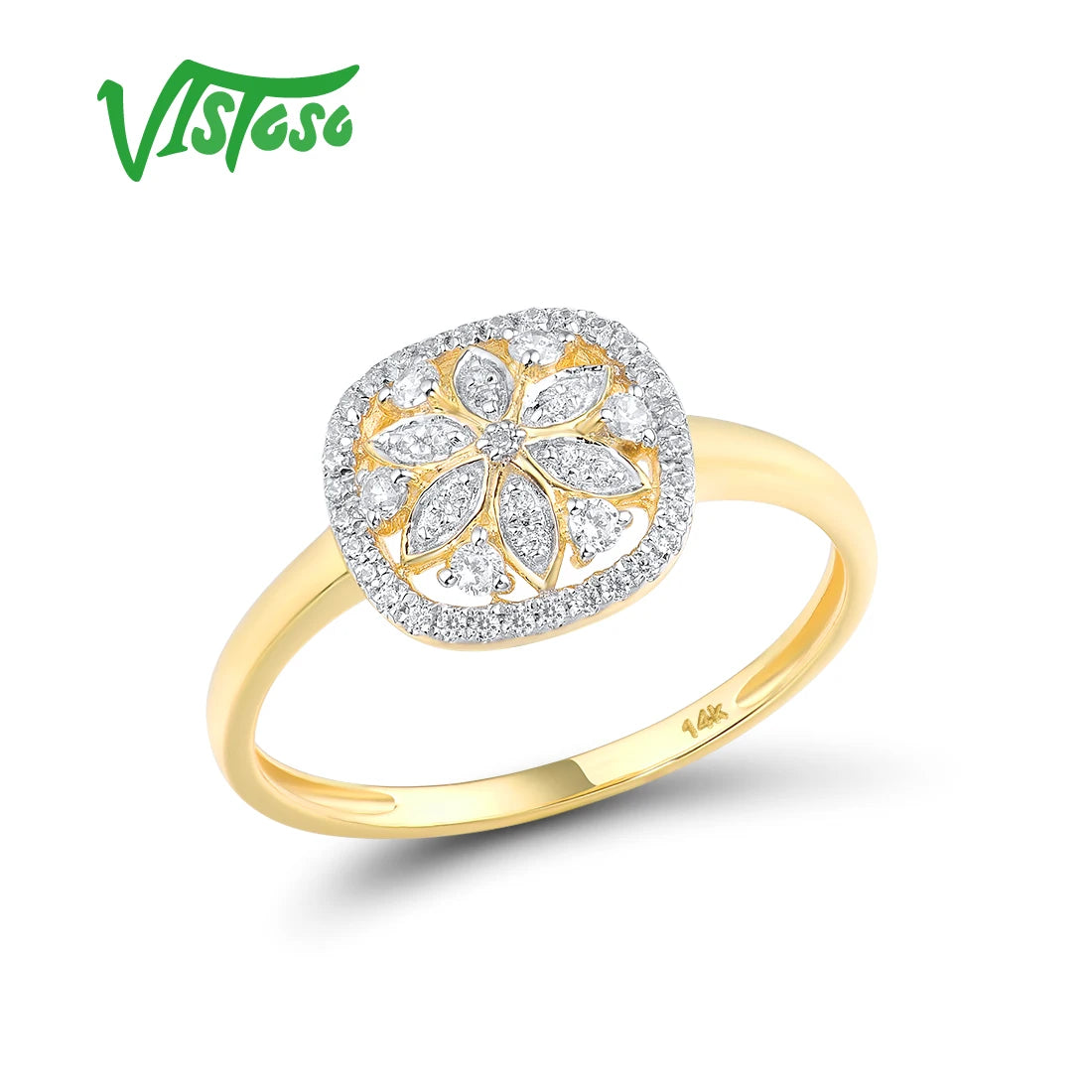 VISTOSO Genuine 14K 585 Yellow Gold Ring For Women Sparkling Diamond Flower Ring Delicate Wedding Engagement Trendy Fine Jewelry
