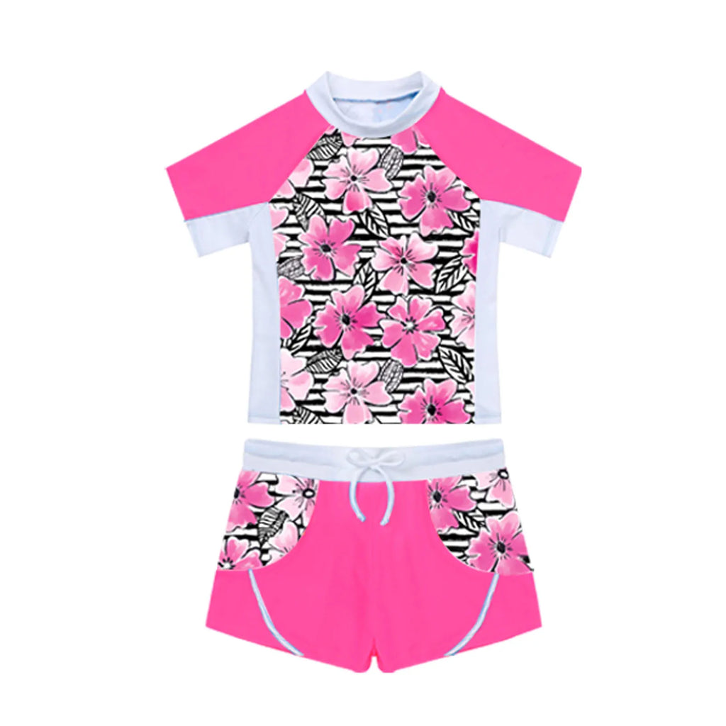 Kids Girls 2 Piece Rash Guard Set Swimwear Floral Print Short Sleeve Swim Shirt with Booty Shorts Tankini Swimsuit Bathing Suit