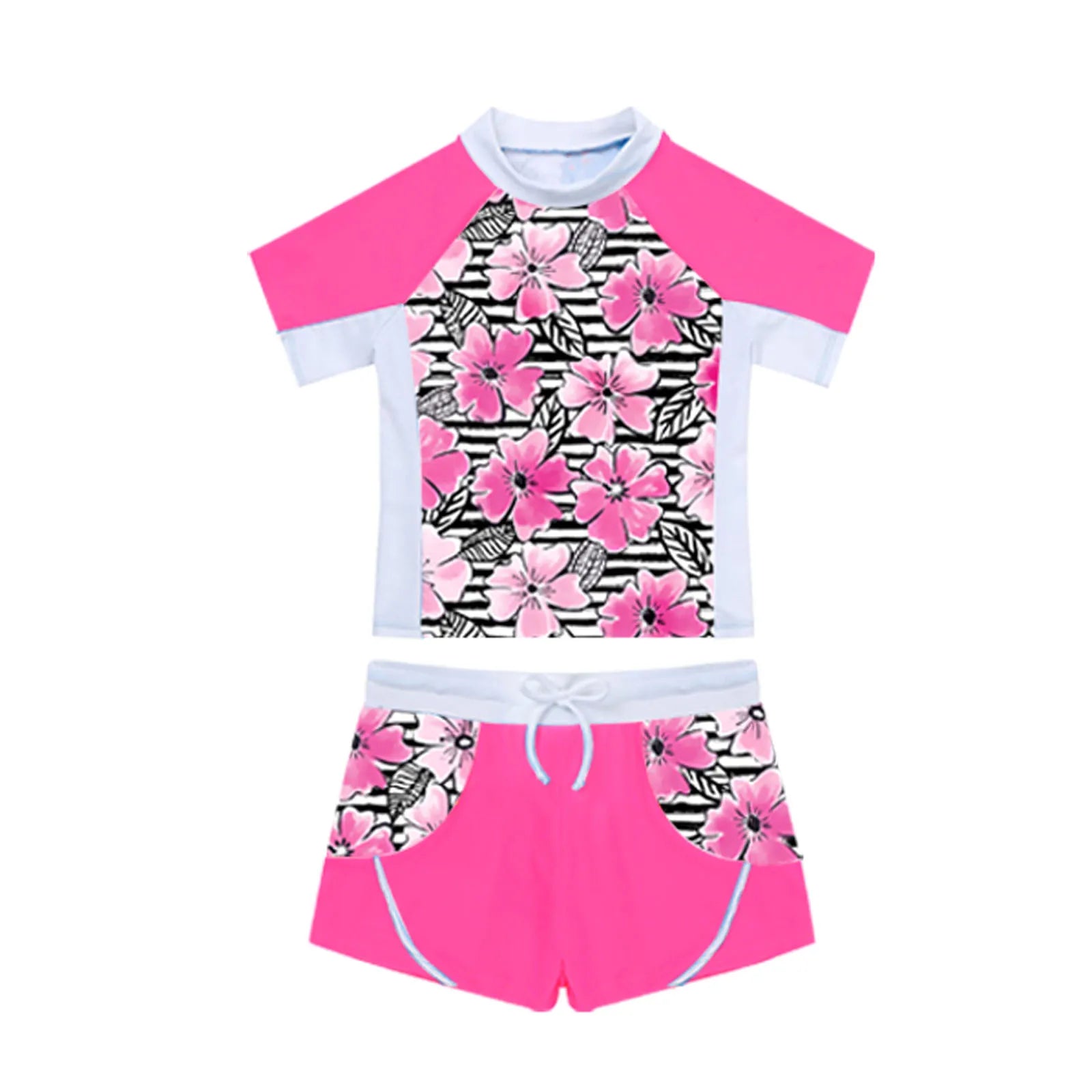 Kids Girls 2 Piece Rash Guard Set Swimwear Floral Print Short Sleeve Swim Shirt with Booty Shorts Tankini Swimsuit Bathing Suit