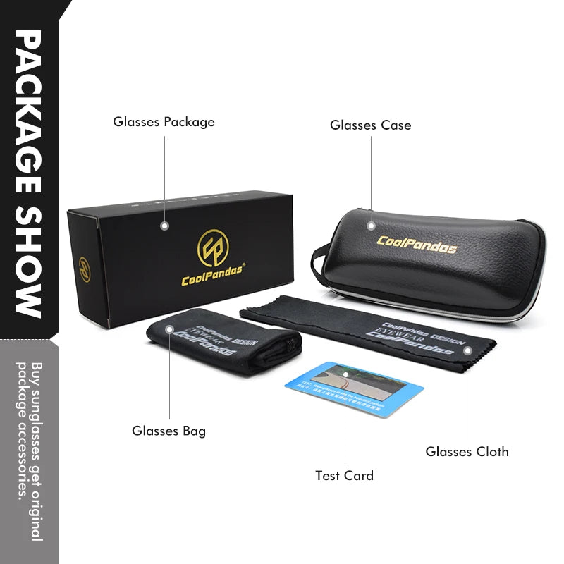 CoolPandas sunglasses packaging with case, bag, cleaning cloth, and test card