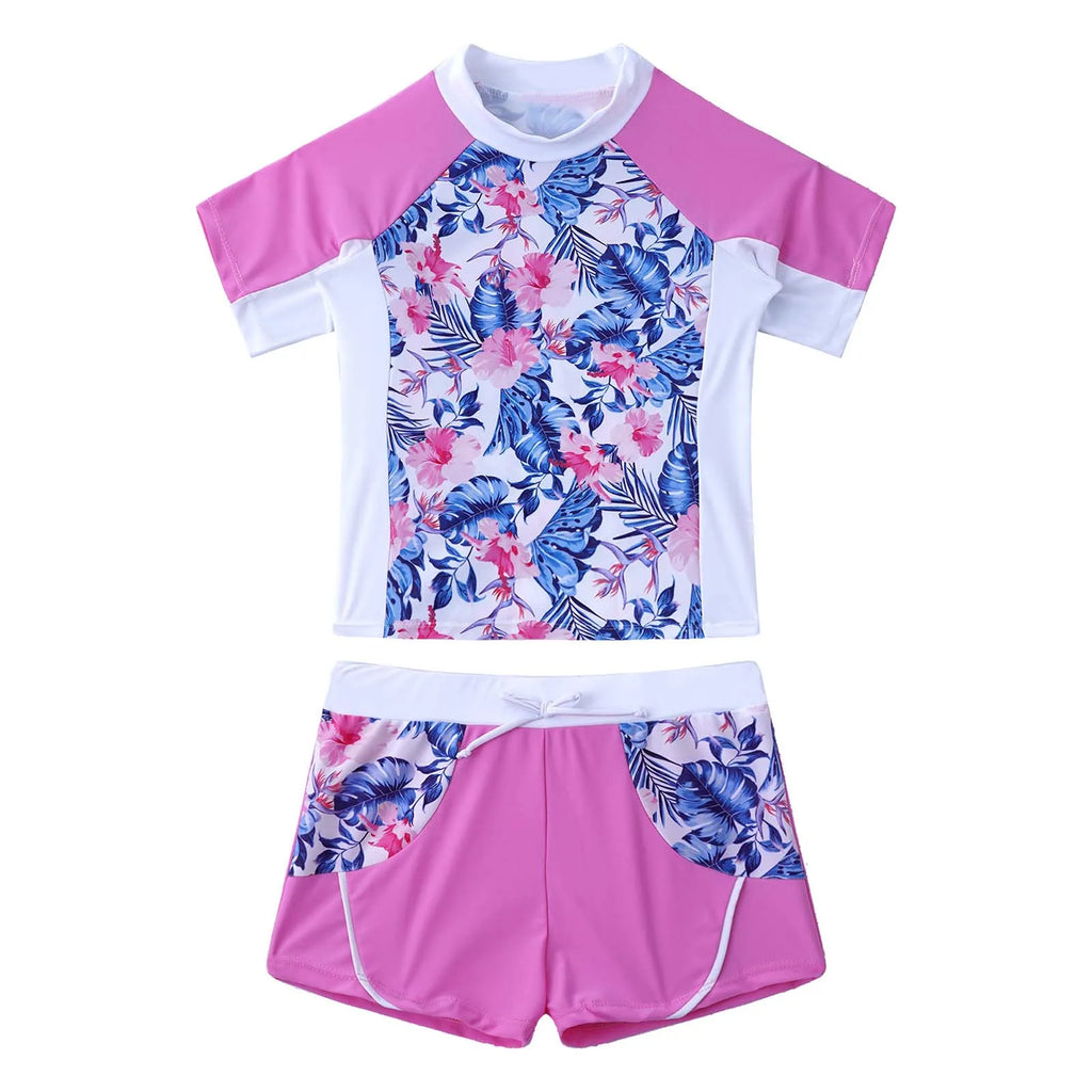 Kids Girls 2 Piece Rash Guard Set Swimwear Floral Print Short Sleeve Swim Shirt with Booty Shorts Tankini Swimsuit Bathing Suit