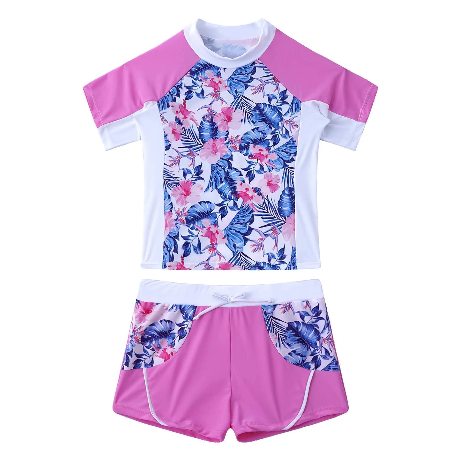 Kids Girls 2 Piece Rash Guard Set Swimwear Floral Print Short Sleeve Swim Shirt with Booty Shorts Tankini Swimsuit Bathing Suit