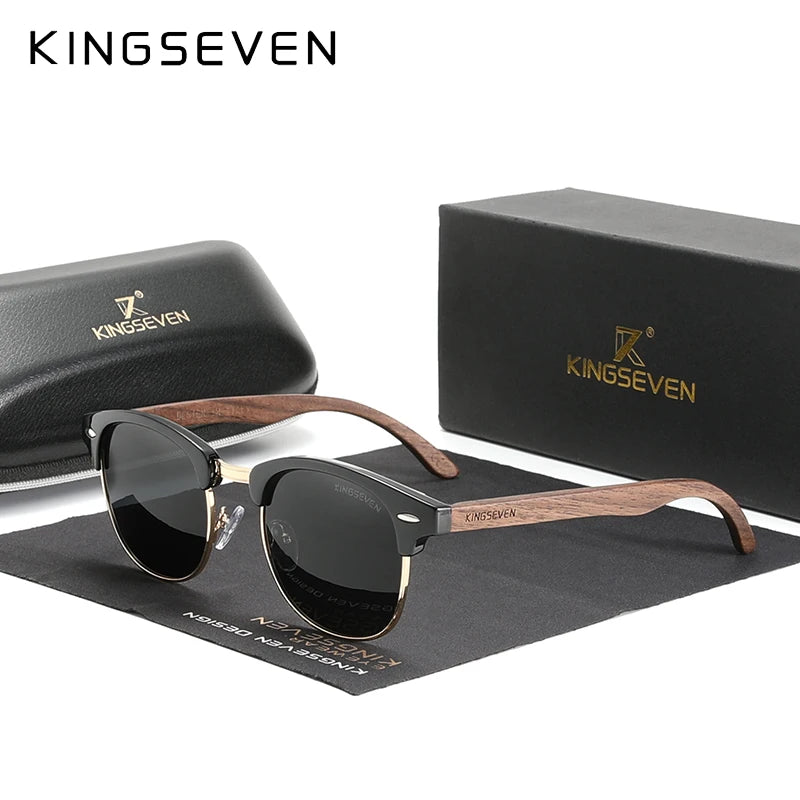 Stylish sunglasses with wood grain arms, black lenses, and branded case set on display.