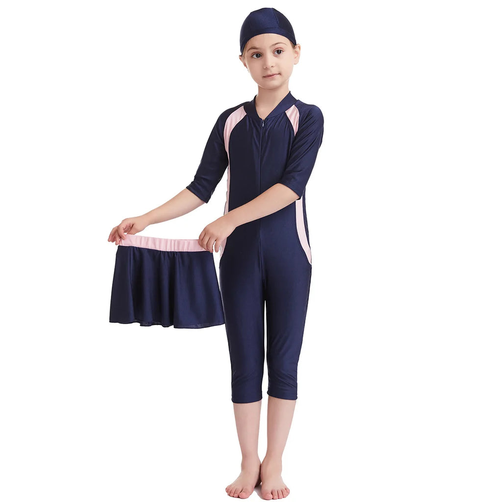 Muslim Swimwear Girl Cap Jumpsuit Skirt 3Pcs Modest Swimsuit for Girls Bath Swimming Suit Arab Islamic Baby Teens Kids Beachwear