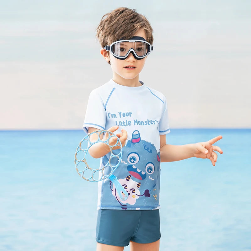 COPOZZ Children's Split Swimwear Short Sleeve Cartoon Sports Swimsuit Surfing Suits Beach Wear  For Boys Girls UV Protection 50+