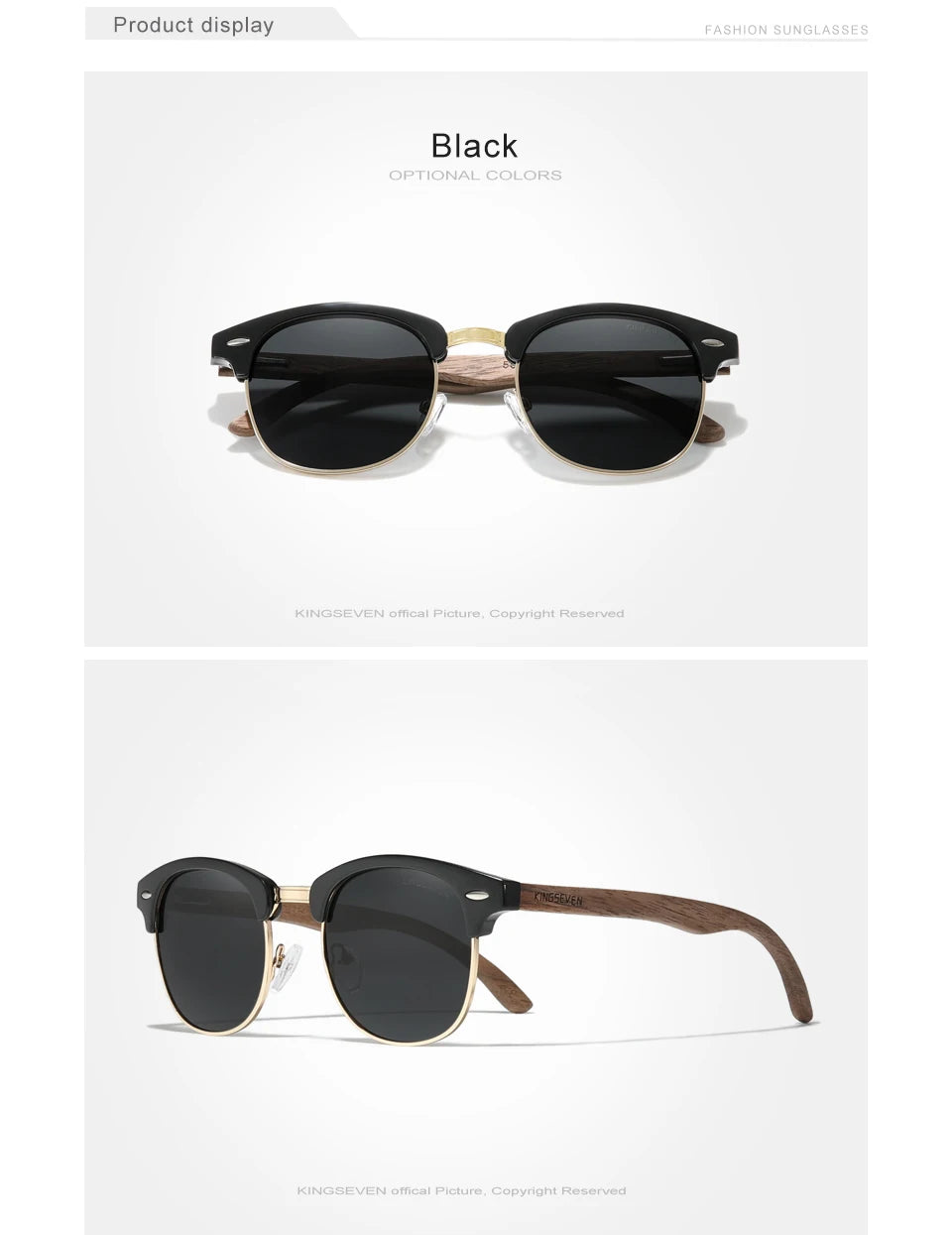 Black round sunglasses with dark lenses, gold rim, and wood grain arms on white background.