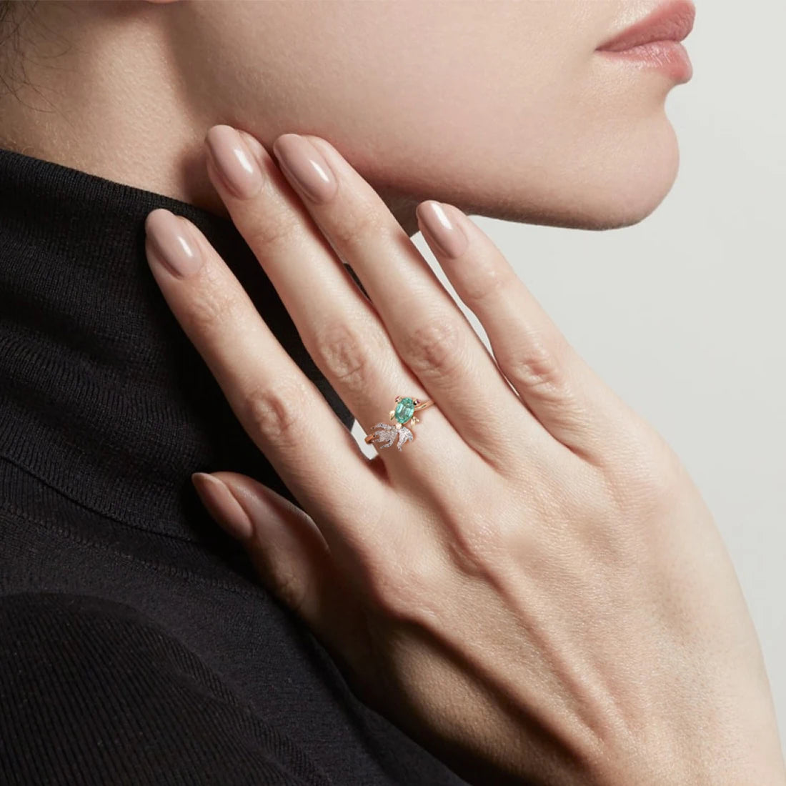 VISTOSO Gold Ring For Woman Genuine 14K 585 Yellow Gold Sparkling Natrual Emerald Ruby Diamond Lovely Fish Trendy Fine Jewelry
