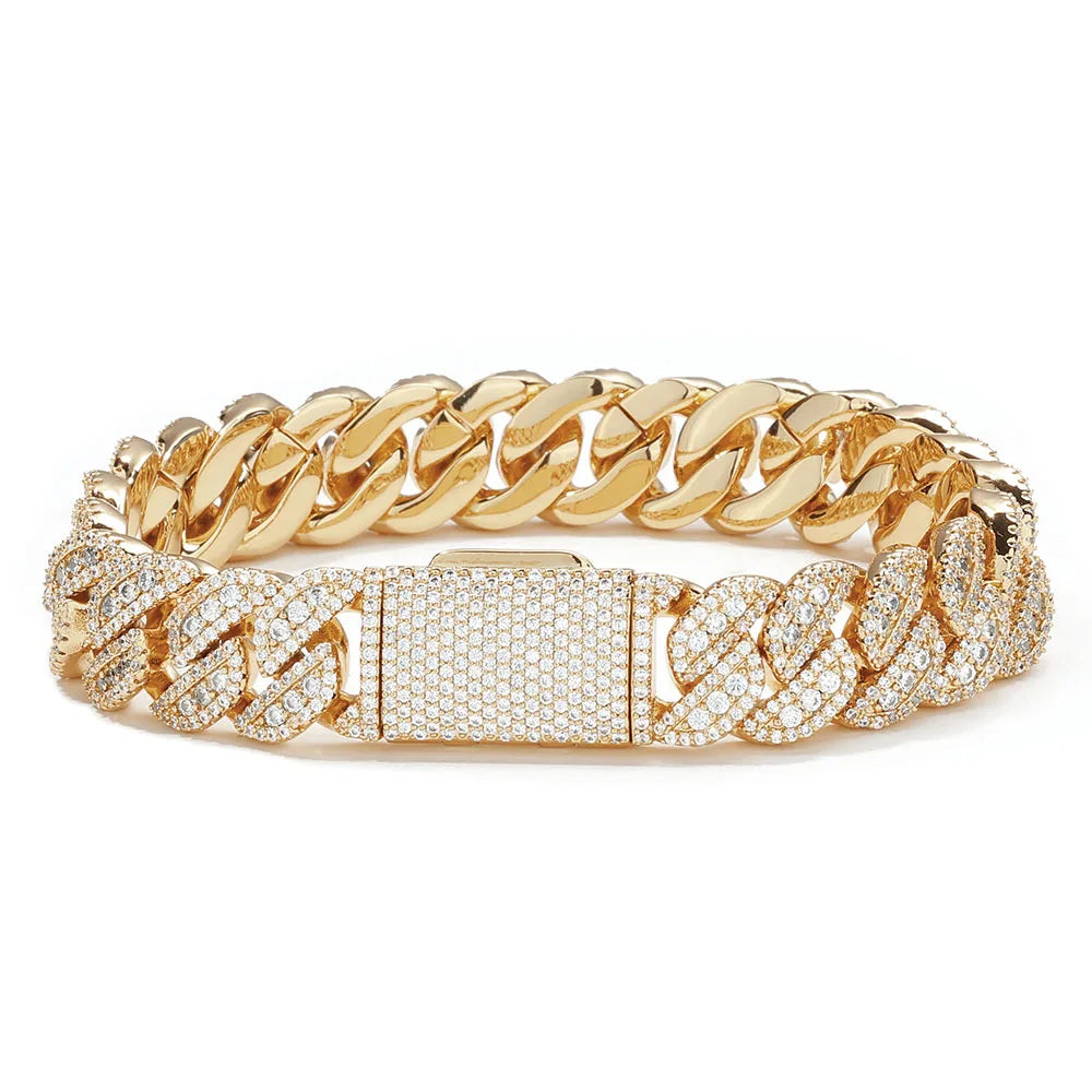 Luxury 24K 9999 Pure Gold real gold Hip Hop Wide 14mm Flip Buckle Full Diamond Cuban Chain Men's Bracelet