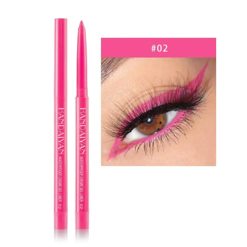 Pink waterproof gel eyeliner pencil with bold pink eye makeup on model, shade #02.