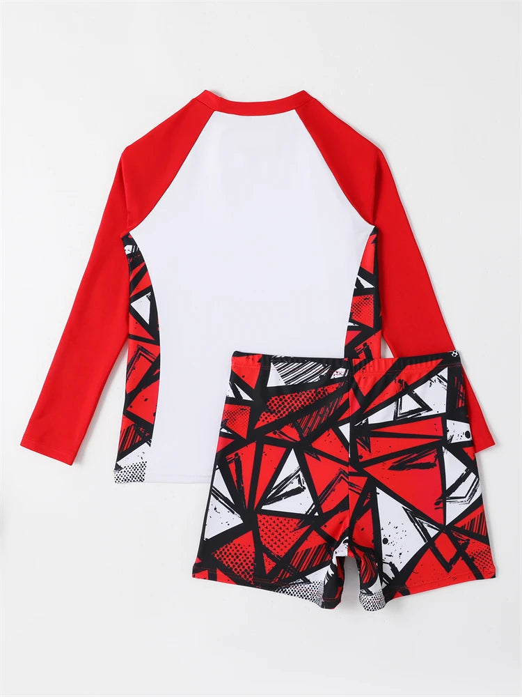 Boy Swimsuit 2026 New Solid And Print Long Sleeve Children Swimwear Summer Kids Beach Wear Shorts Swimming Bathing Suit For Men