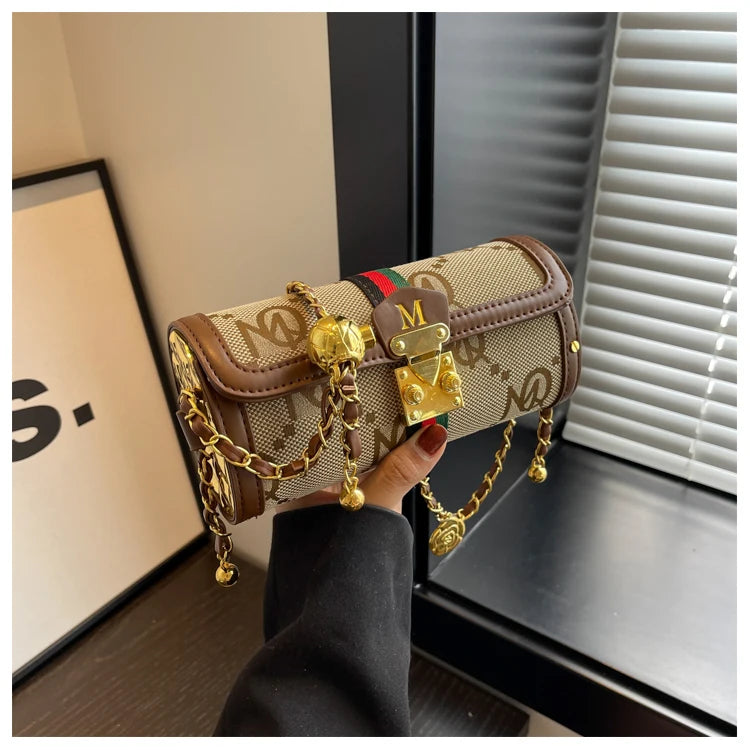 Fashionable Retro Summer Women's Chain Crossbody Bag Trendy Cylinder Bag Soft PU Leather Casual Style Small Size Korean Style