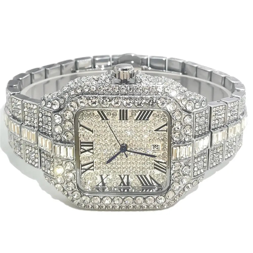 Hot Fashion Brand UNIGUET Hip Hop Rose Gold Iced Diamond Mens Watch Luxury Square Waterproof Quartz Man Clocks Relogio Masculino
