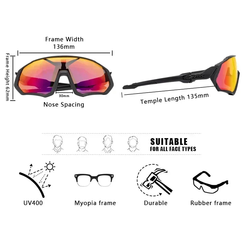 Sport sunglasses with mirrored lenses, black rubber frame, UV400 protection, suitable for all face types, frame size diagram included.