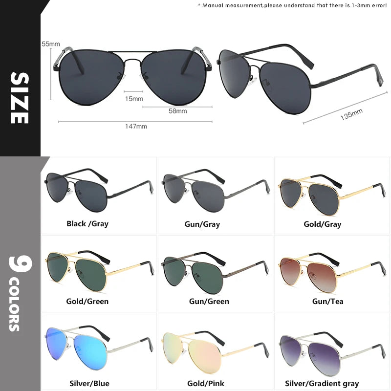 Aviator sunglasses in nine colors with size chart, including black, gold, silver and gradient lenses.