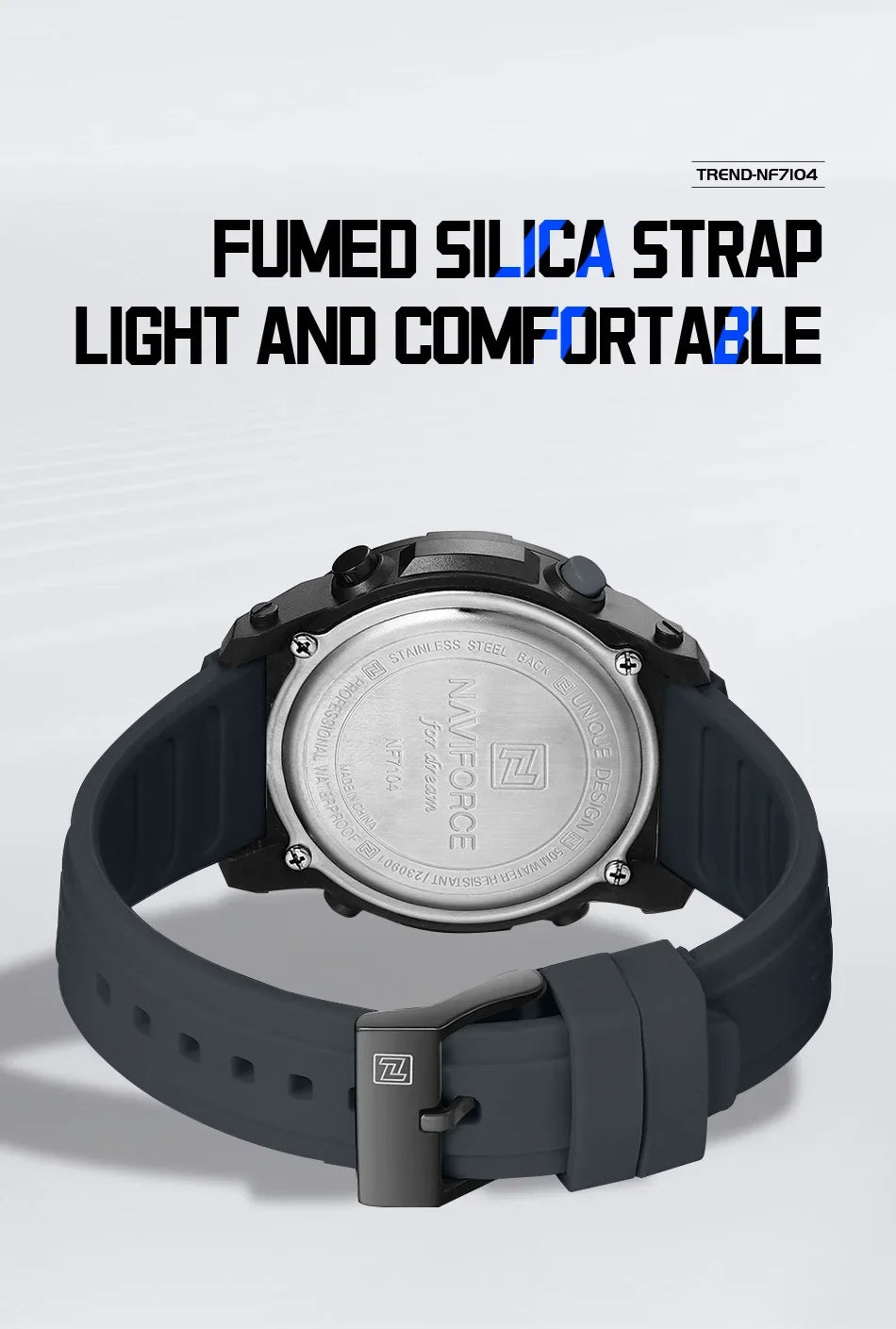 NAVIFORCE NF7104 Men's LCD Digital Leisure Date and Week Alarm Clock Waterproof Silicone Strap Electronic Premium Watch