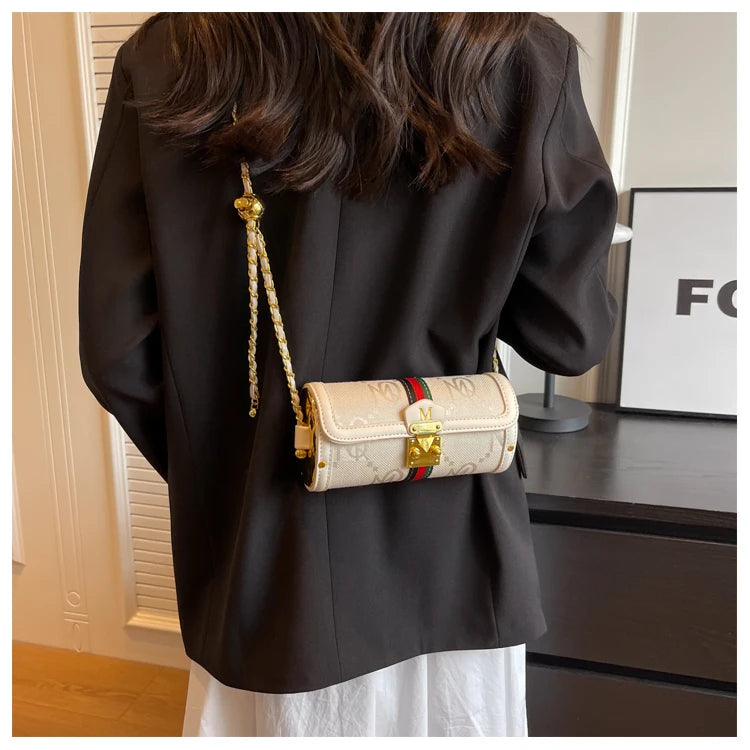 Fashionable Retro Summer Women's Chain Crossbody Bag Trendy Cylinder Bag Soft PU Leather Casual Style Small Size Korean Style