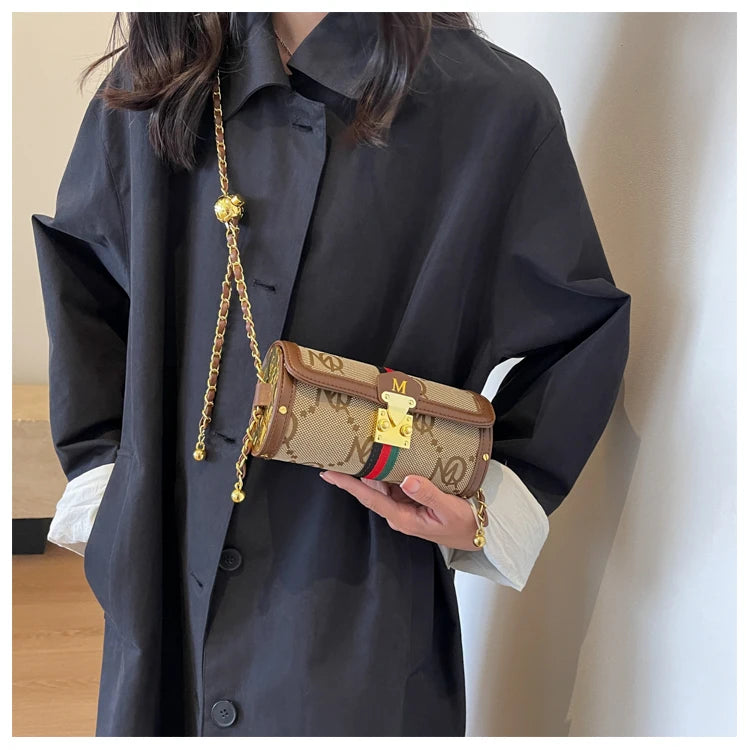 Fashionable Retro Summer Women's Chain Crossbody Bag Trendy Cylinder Bag Soft PU Leather Casual Style Small Size Korean Style