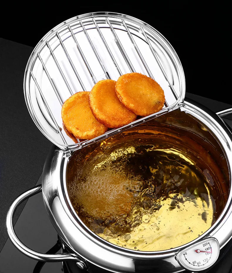 Japanese Deep Frying Pot With A Thermometer And A Lid Fryer Pan 304 Stainless Steel Kitchen Tempura Oil Frying Pan Fryer