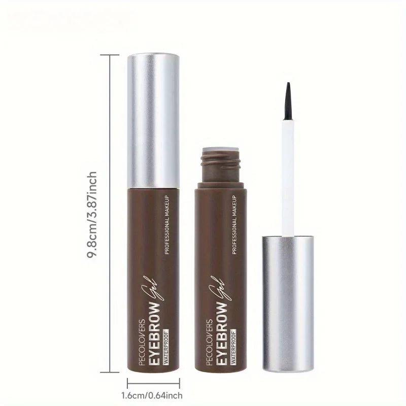 Waterproof eyebrow gel in brown tube with silver cap, angled brush applicator, product dimensions shown.