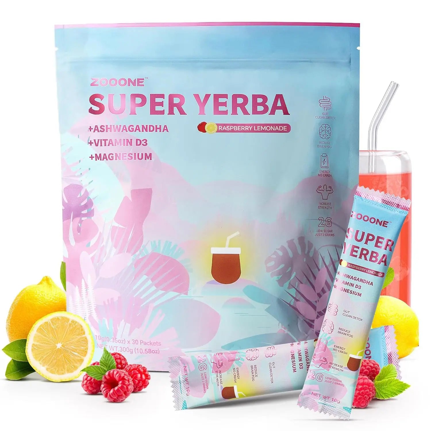 JP Super Yerba Mate Instant Powder - Raspberry Lemonade Flavor | 30 Servings Clean Energy & Focus Boost | Gut Support