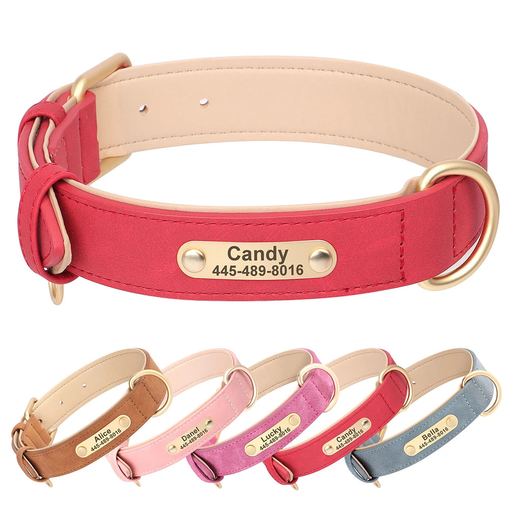 Customized Dog Collar PU Leather Dogs Collars Personalized Pet ID Name Necklace Free Engraving for Small Medium Large Dogs Pug