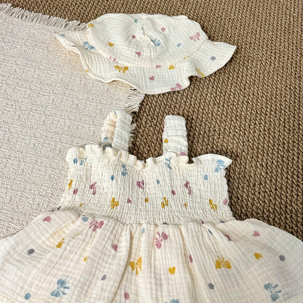 MILANCEL New Summer Baby Bodysuit 3-18M Sweet Bow Infant Girls Straps Jumpsuit +Hat Cotton Thin Toddler One Piece