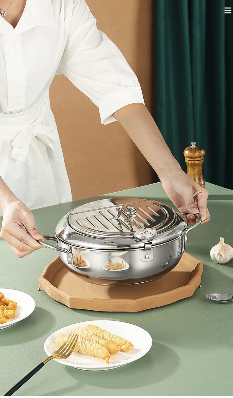 Japanese Deep Frying Pot With A Thermometer And A Lid Fryer Pan 304 Stainless Steel Kitchen Tempura Oil Frying Pan Fryer