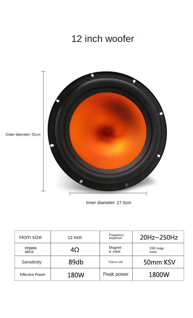 12" Car Subwoofer Speaker High-Quality High-Power Bass Speaker 12V Effective Power 180W