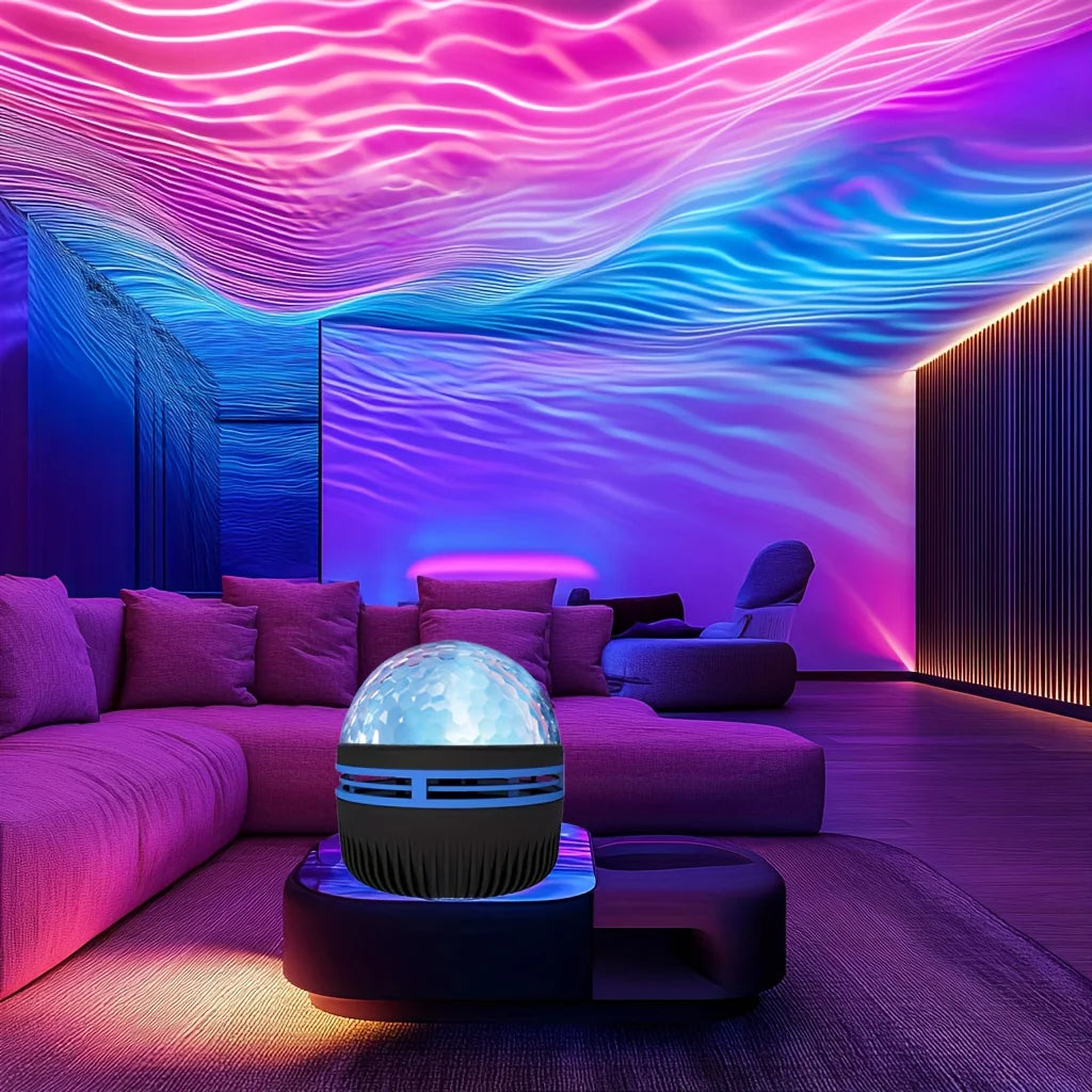 LED projector night light creating colorful wave patterns in a modern living room