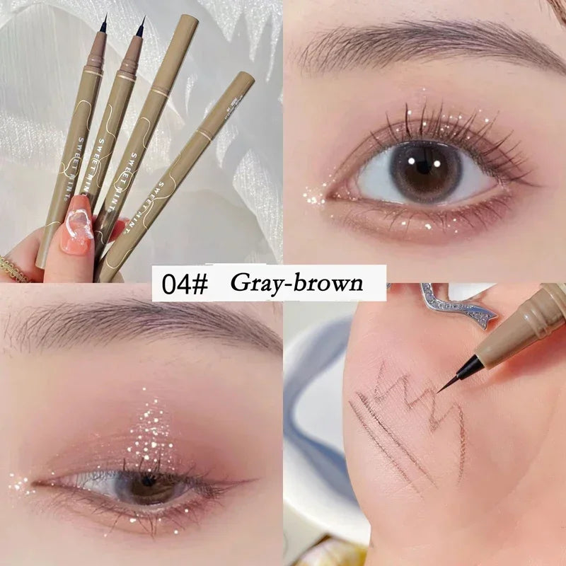 Gray-brown eyebrow pencil used for natural brow makeup, eye close-up and swatch