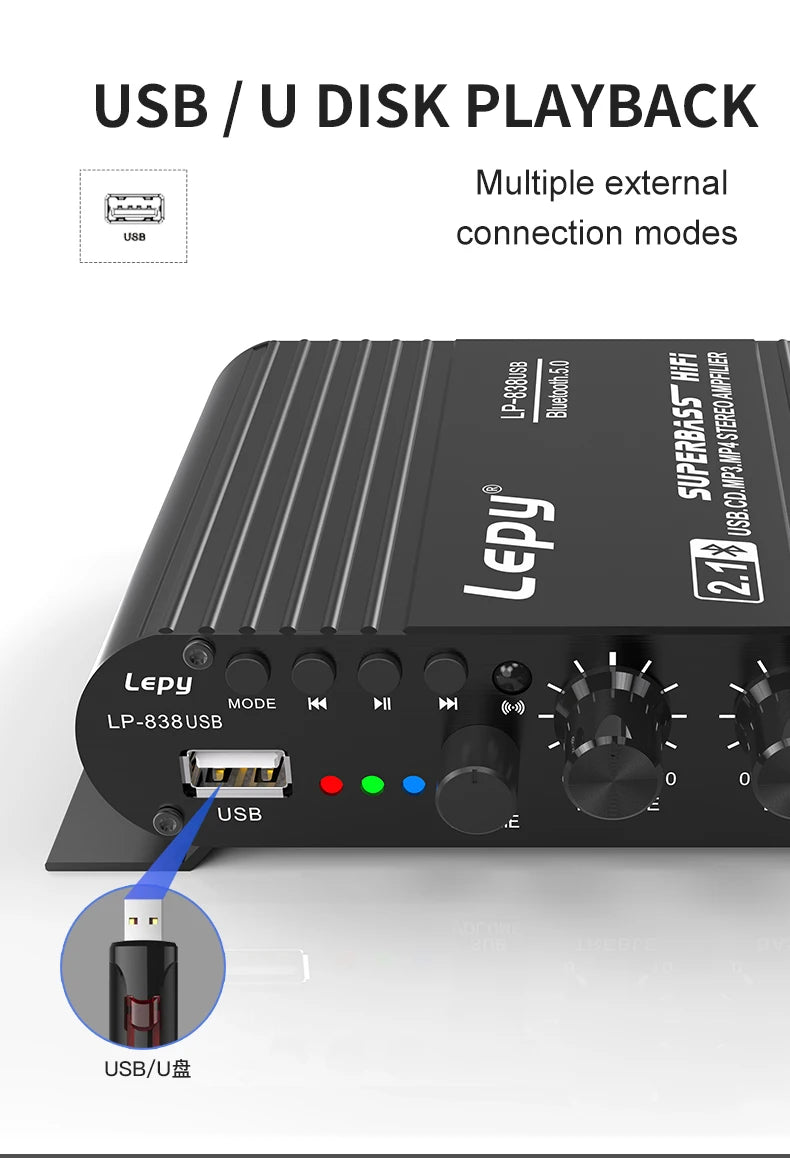LP-838USB 2.1Channel Amplifier 12V Car Home Amp USB BT Lossless Music Play Digital Audio Amplificador with Remote Control HiFi