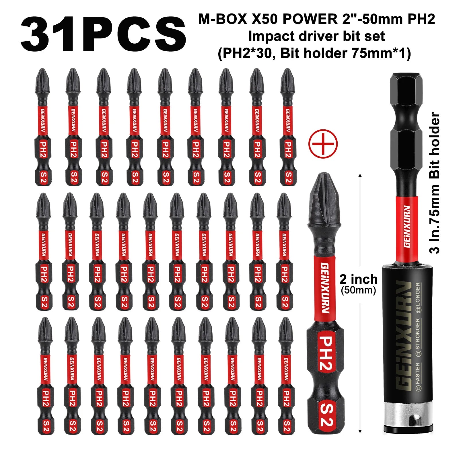 Geinxurn Impact Tough #2 Phillips Insert Driver Bits,Magnetic S2 Steel PH2 Screwdriver Bits Set with Storage M-Box