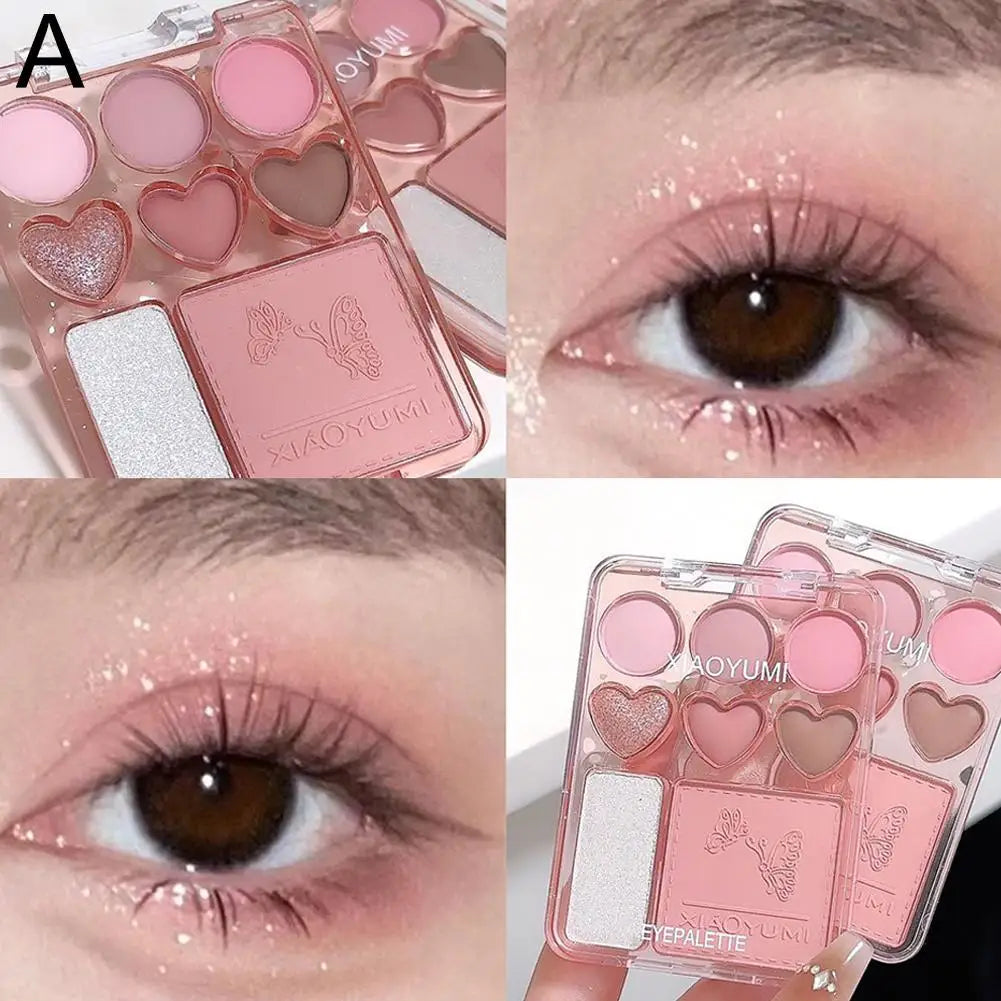 Pink eyeshadow palette with heart shapes and glitter, shown with soft pink eye makeup look.