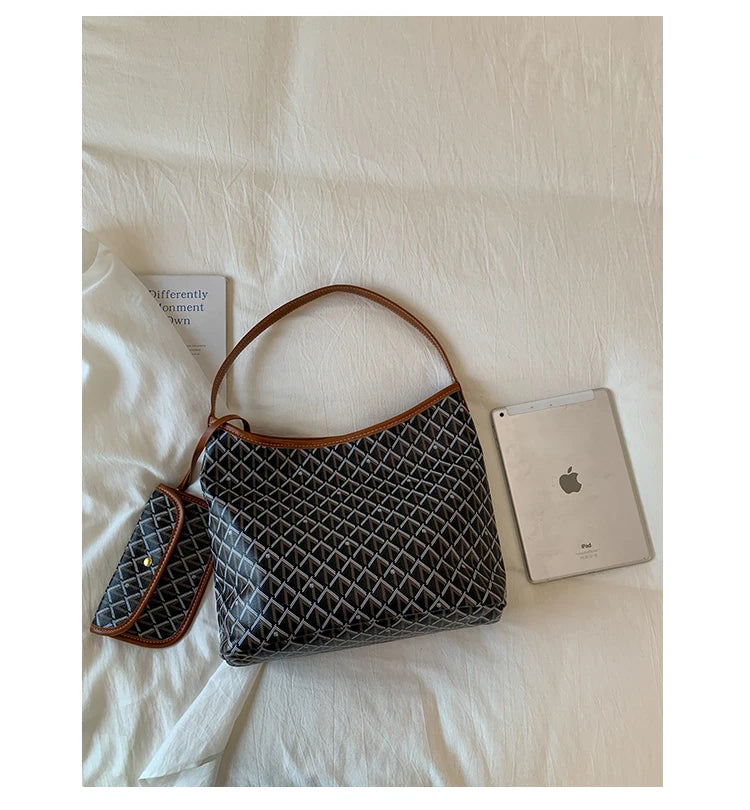 Large Capacity Women's Shoulder Bag Fashionable Commuter Tote Bag Soft PU Leather Printed Geometric Pattern Autumn New Arrival