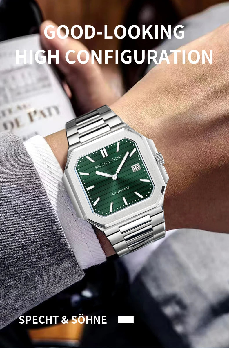 2025 Specht & Söhne New Hot Selling Ultrathin Cubic Watch For Men Quartz Wristwatch Sapphire Green Color Luminous Waterproof