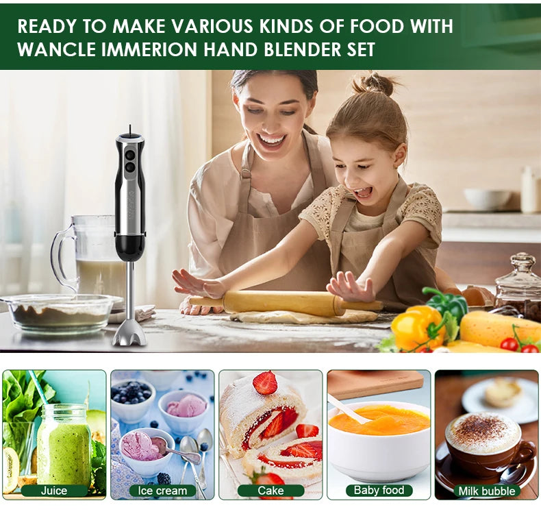 Wancle Electric Immersion Hand Blender Mixer 1000W 5 in 1 Powerful Kitchen Blender for Egg Whisk Meat Grinder Food Processor