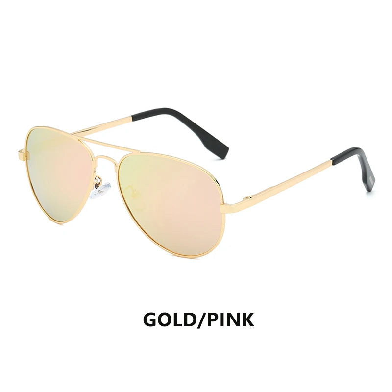 Aviator sunglasses with gold frame and pink mirrored lenses on white background.