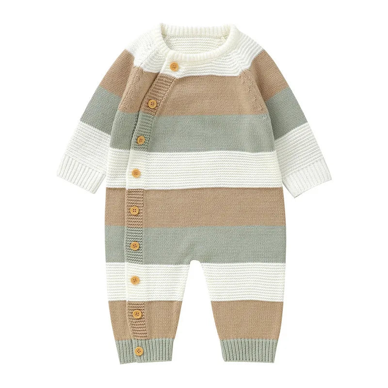 0 to 18 Months Baby Girl Boy Sweater Romper Autumn Winter Clothes Striped Crew Neck Long Sleeve Full Length Jumpsuit