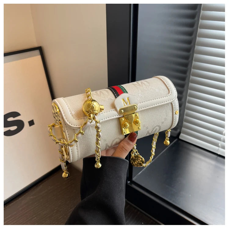 Fashionable Retro Summer Women's Chain Crossbody Bag Trendy Cylinder Bag Soft PU Leather Casual Style Small Size Korean Style