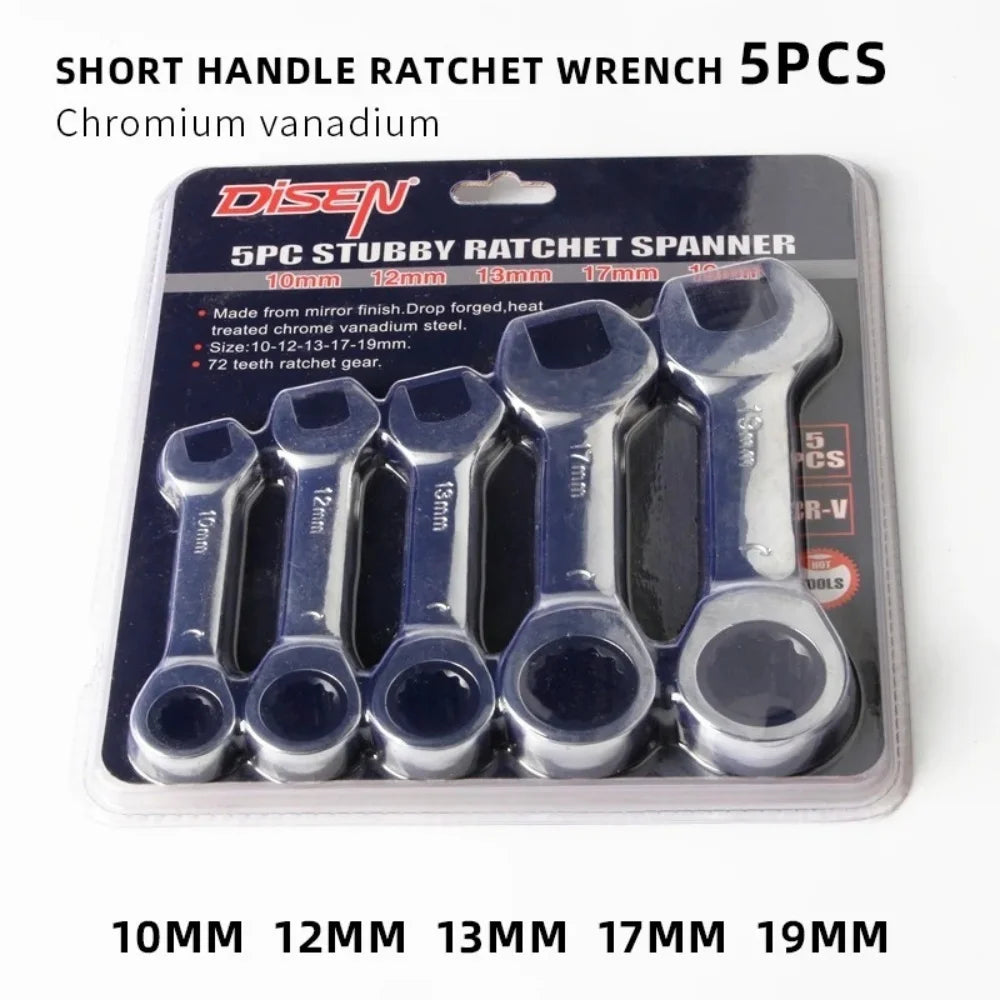 6-19mm Stubby Ratchet Spanner Short Ratchet Wrench Car Repair Hand Tools 72 Tooth Design Short Handle Dual-purpose Wrench Tool