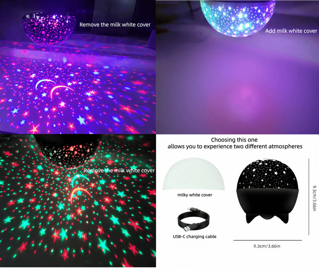 Star projector night light with milky white cover, USB-C charging cable, colorful star and moon projections.